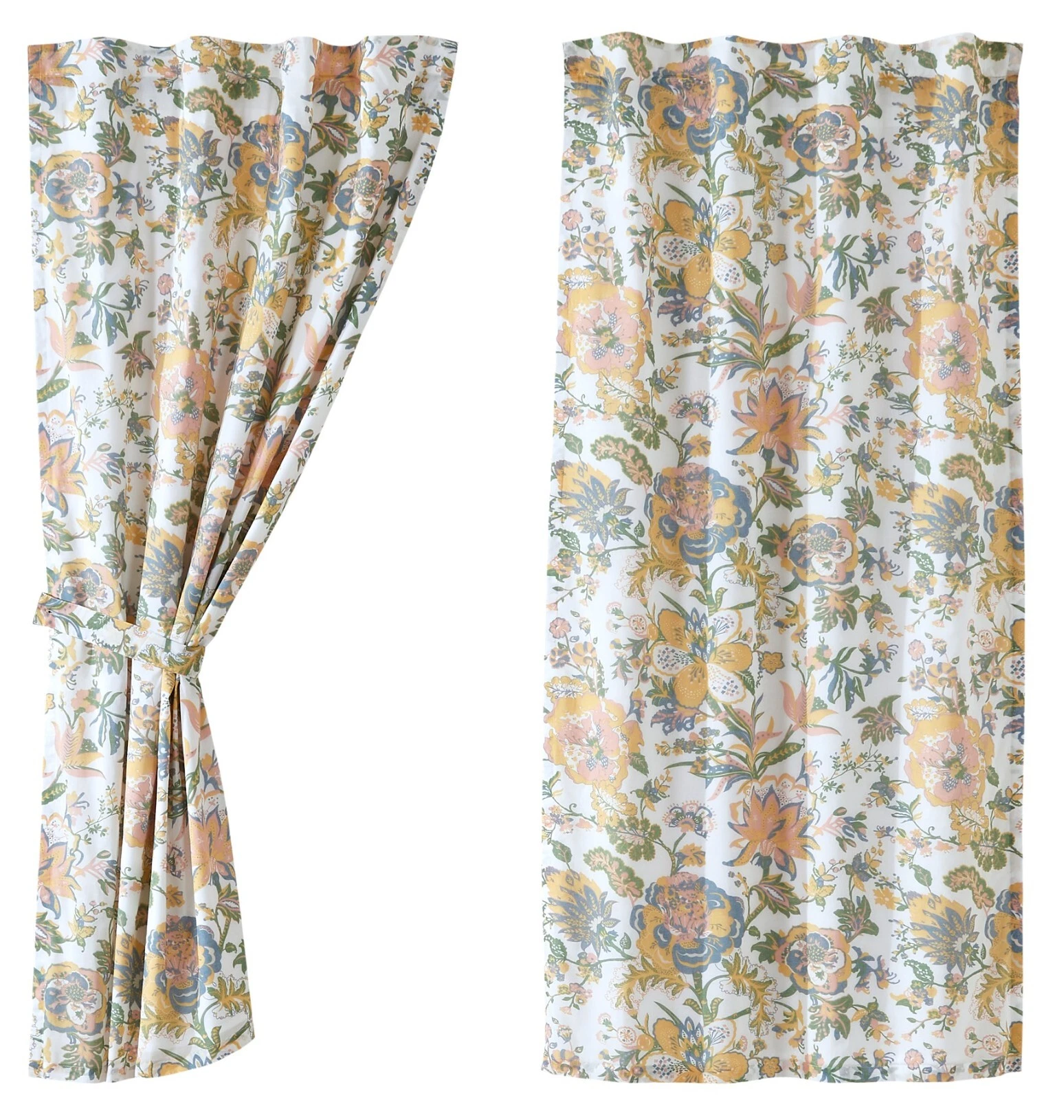 Floral Window Curtains Blue Green Pink Gold Cotton Vintage-Style Cottage Wilder