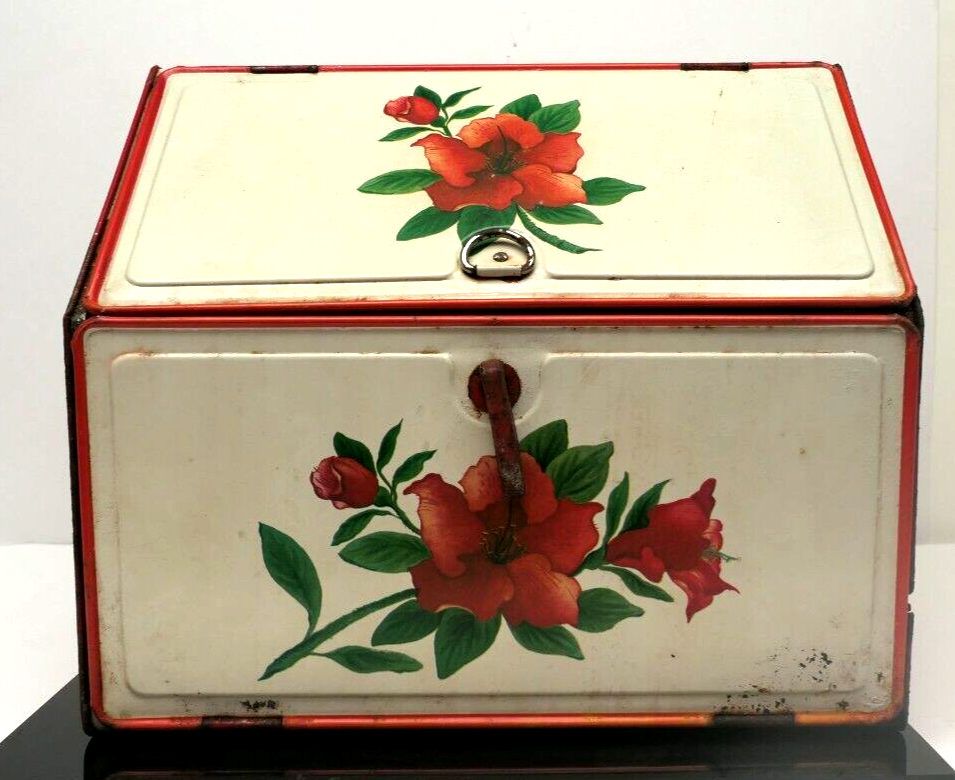 アンティーク　ブレッドボックス Vintage 1960s Ornate Bread Box w/ painted Flowers 2 compartments