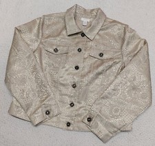 CHICO'S 2 Metallic Floral Jacquard Button Up Jacket Platinum Gold
