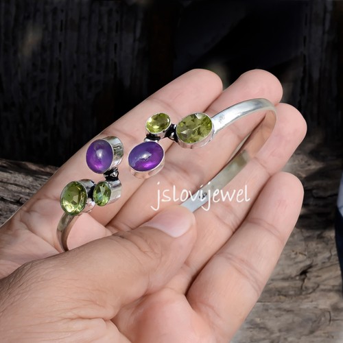 Peridot Cut & Amethyst Gemstone 925 Sterling Silver Bracelet Cuff For Friend - Picture 4 of 5