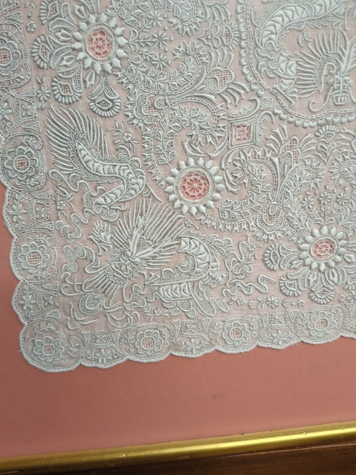 Chinese Linen/Silk Embroidery Wedding Handkerchief Antique framed