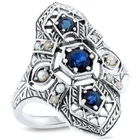 ART DECO STYLE GENUINE SAPPHIRE & PEARL 925 STERLING SILVER FILIGREE RING   220X