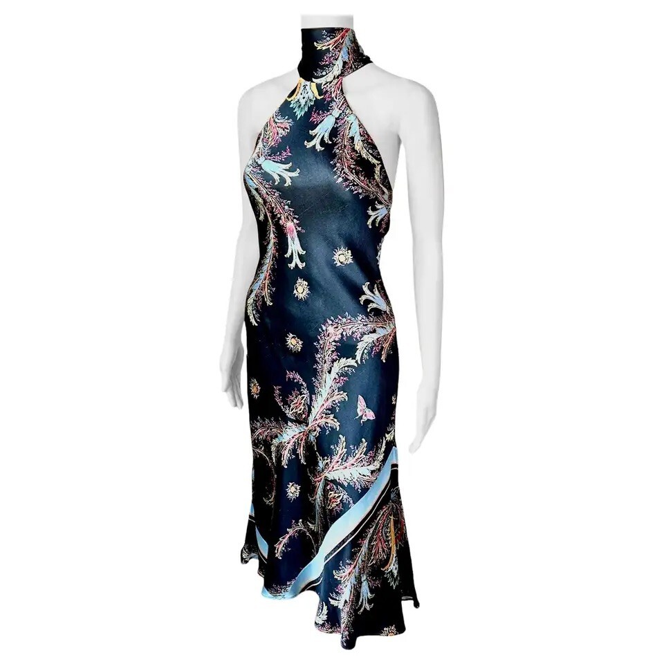 VIP【関税送料無料】希少 ROBERTO CAVALLI BLUE DRESS Roberto Cavalli F/W 2004 Halter Chinoiserie Print Silk Midi