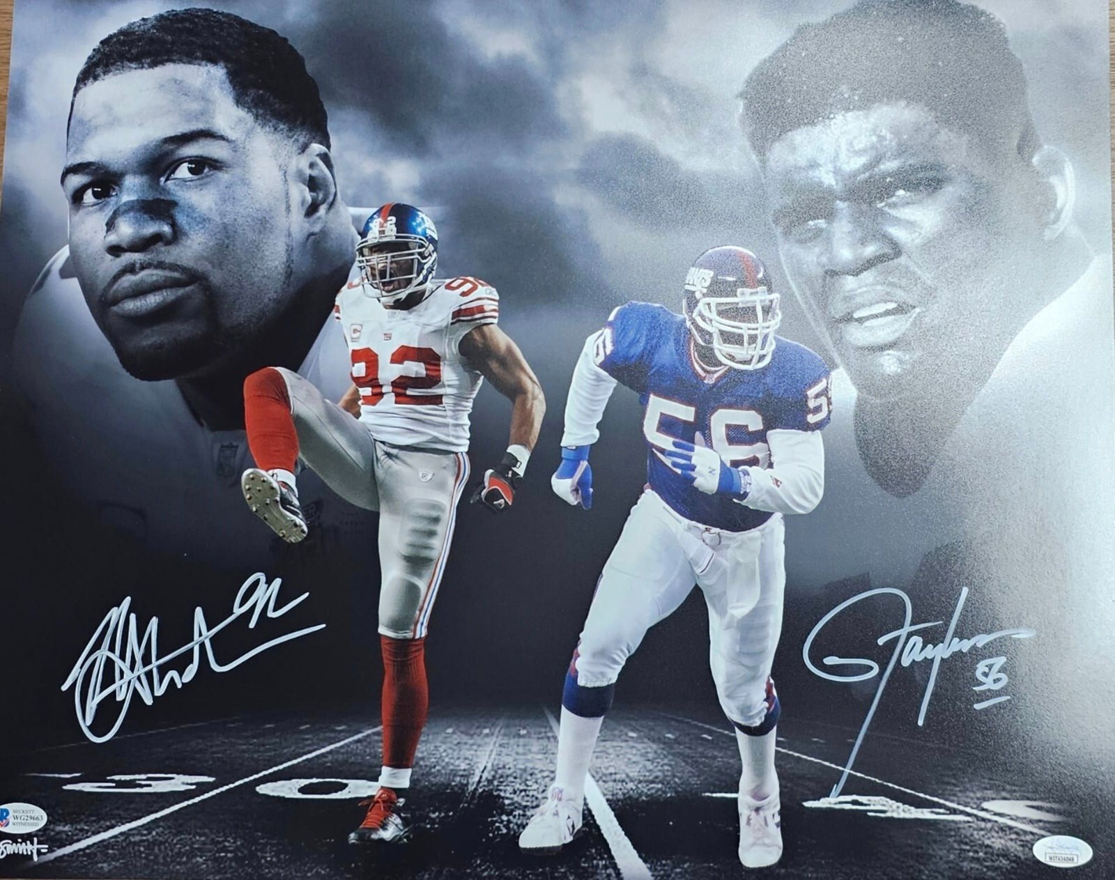 Lawrence Taylor & Michael Strahan Autographed Signed New York Giants 16X20 METALLIC BAS Wit & JSA COA 
