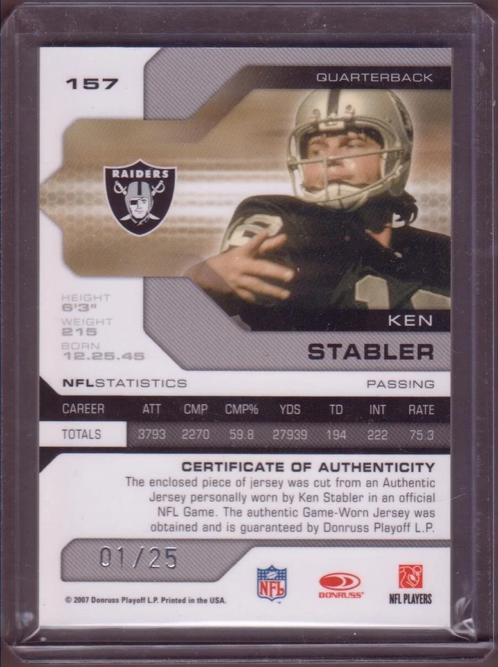 2007 Leaf Limited KEN STABLER OAKLAND RAIDERS PRIME JERSEY GAME USED  01/25 #1 - Image 4 of 4