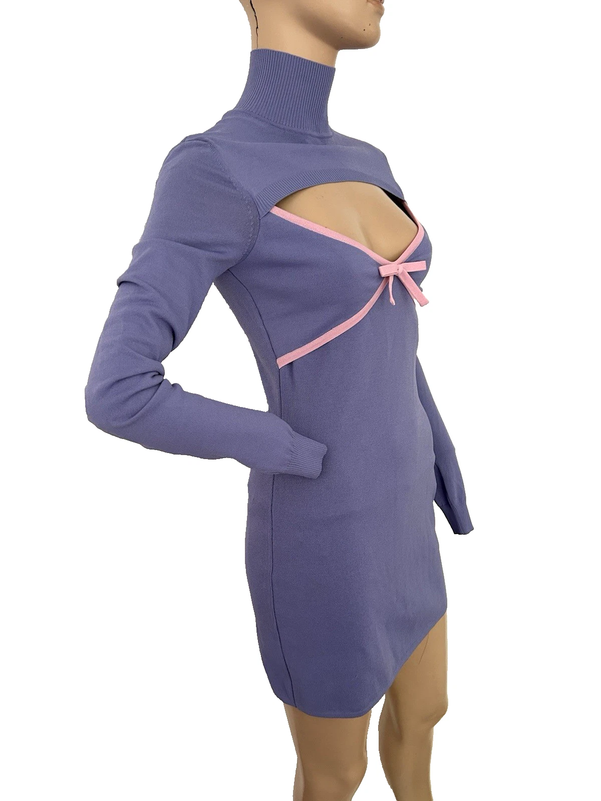 MOSCHINO JEANS mini abito rosa lilla ritagliato manica lunga UK 8 US 6 IT 40 NUOVO