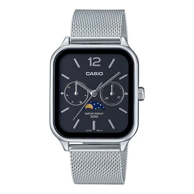Casio Orologio Uomo Analogico Quarzo - Cassa Rotonda 45mm, Quadrante Nero, Cinturino In Acciaio Inox Argentato, Impermeabile