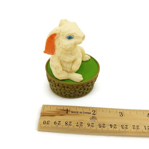 Rabbit Sitting On Green Basket Trinket Box Resin White Bunny Easter Spring - Picture 7 of 9