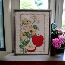 Framed MCM Black Eyed Susan  Apples Completed Needlepoint Canvas Design