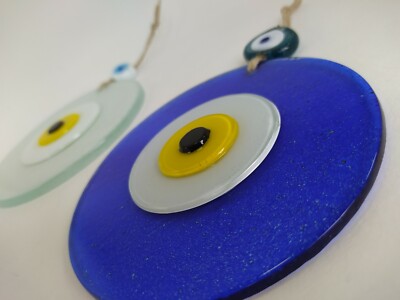 White & Blue Evil Eyes 12cm Glass Bead Set of 2 Pendant Charm Turkish Decor 