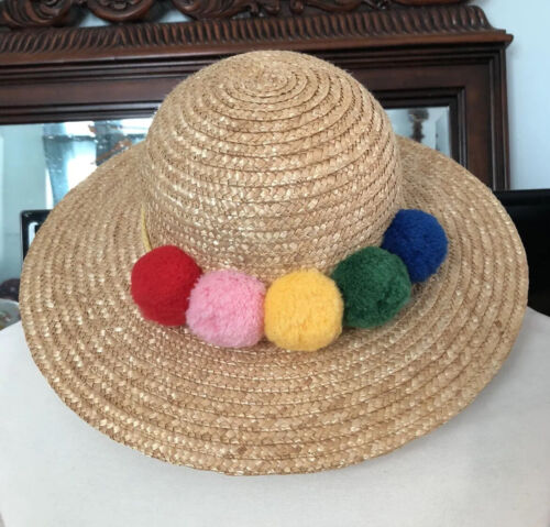 Women’s Straw Sun / Beach Hat Hanna Anderson Beige Tan Colorful Pom Balls Band - Bild 1 von 8