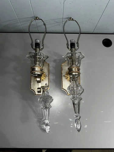 Pair of Ornate Glass Wall Sconces in Brushed Finish
