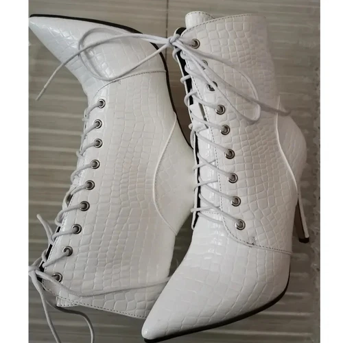 Mujeres Botines Punta Punta Tacones Altos Sexy Bota Corta Con Cordones Talla Grande 46 - Imagen 13 de 19