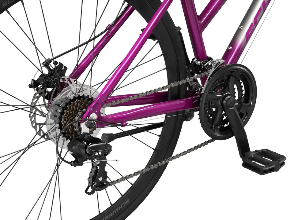 [带盒] Schwinn 700C / 28 英寸赛道女式混合动力自行车,21 速,灰色/紫色 — 第 2/4 张图片