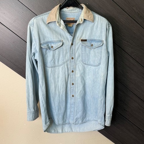 Woolrich Men's Chambray Button Front Shirt Light Wash Denim Cotton Large
