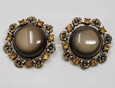 Vintage STAR Clip On Earrings Brown Cabochon Amber Rhinestones Floral Design