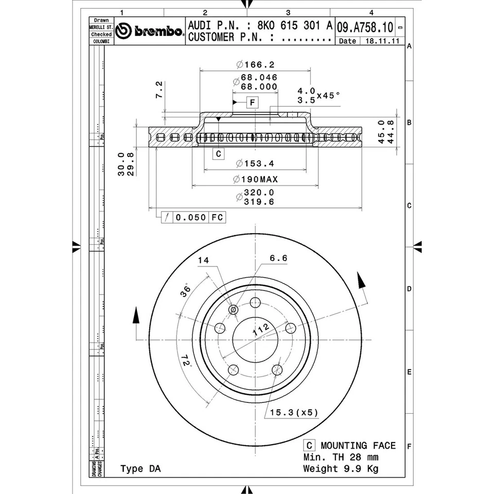 Оригинальный комплект передних тормозных дисков тормозных колодок Brembo для Audi A5 Quattro 2008-2011 годов выпуска - Изображение 2 из 4