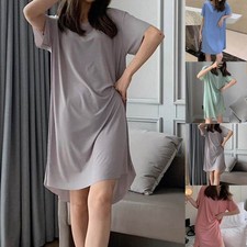 Women Casual Loose T Shirt Dress Ice Silk Short Sleeve for Summer Blue