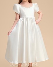 Girls White A-Line Scoop Tea-Length Satin Flower Dress Size 4T