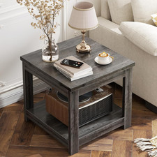 End Table, 20 Inch Square End Table, Farmhouse Wood Side Table with Storage Shel