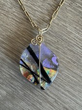 Dichroic Glass Pendant Wire Wrapped Necklace Iridescent Jewelry Long Chain 23in