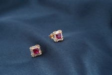 Lab Created Pink Ruby 2Ct Princess Cut Halo Stud Earrings 14K Yellow Gold Plated