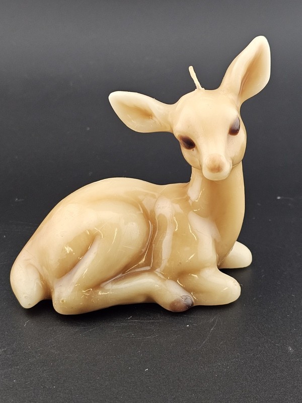 Vintage Resting Fawn Deer Shaped Candle Unused Cream Woodland Decor Figurine