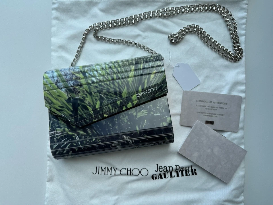 Bolso sin asas de hombro plexi Saco verde estampado palma JIMMY CHOO. Auténtico Foto 2 de 4
