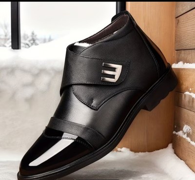 Men's Black Faux Leather Winter Ankle Boots Faux Fur Lining Hook & Loop Metal L 
