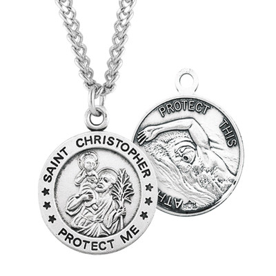 St Christopher Round Sterling Silver Swimming Male Athlete Medal Necklace 24''