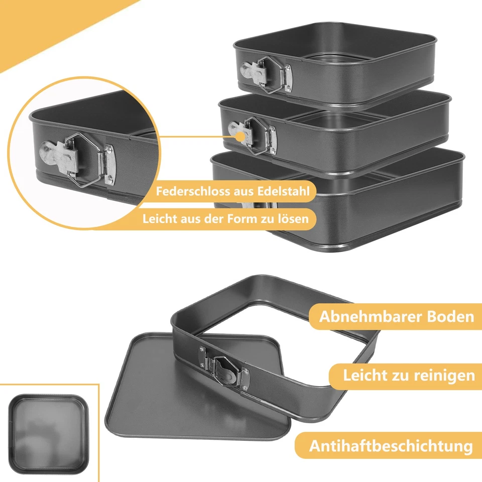 3er Set eckig Backformen Springformen Kuchenformen Blechformen Ø24/26/28 cm grau - Bild 3 von 4