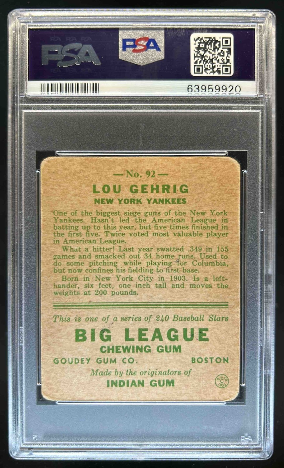 1933 Goudey R319 Lou Gehrig Rookie RC #92 New York Yankees PSA 1.5 view 2