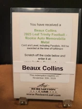 BEAUX COLLINS Auto/Memorabilia 2025 Leaf Trinity Redemption Giants Combined Ship
