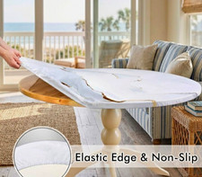 Round Plastic Tablecloth White/Gold Marble Pattern, Non-Slip Elastic Edge