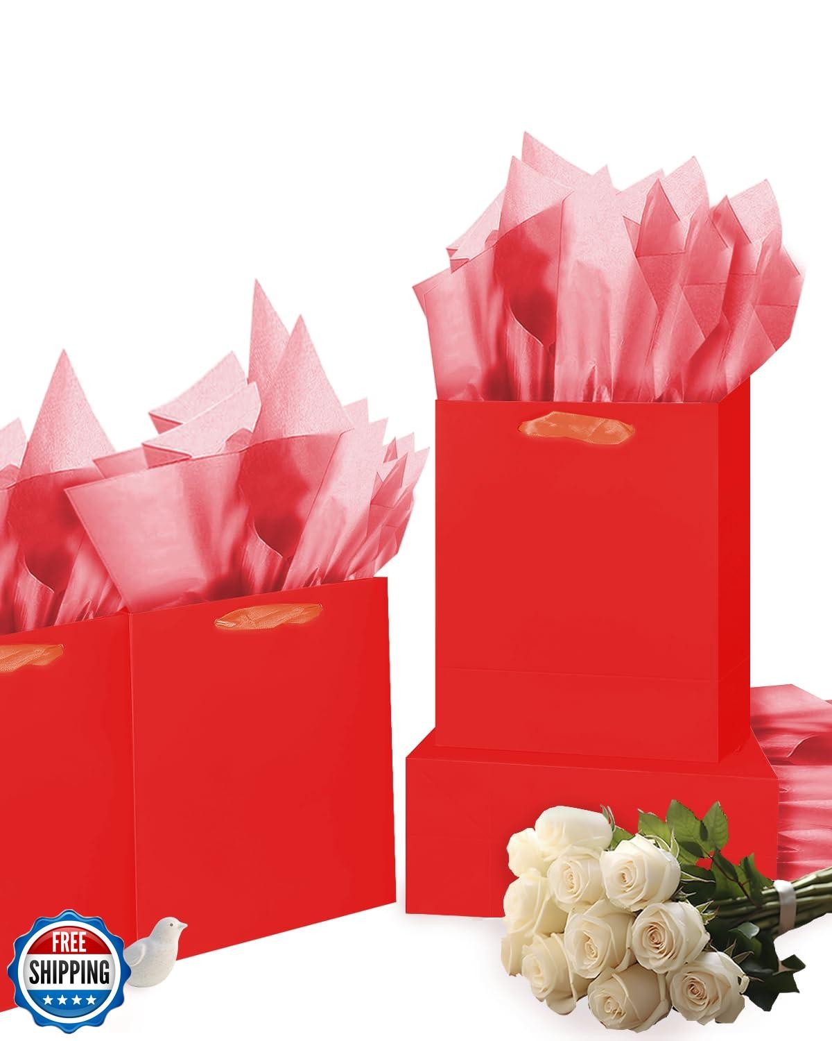 qiqee 10PCS Red Mini Gift Bags with Tissue Paper Handles 6.3"x4.7"x2.4" Small
