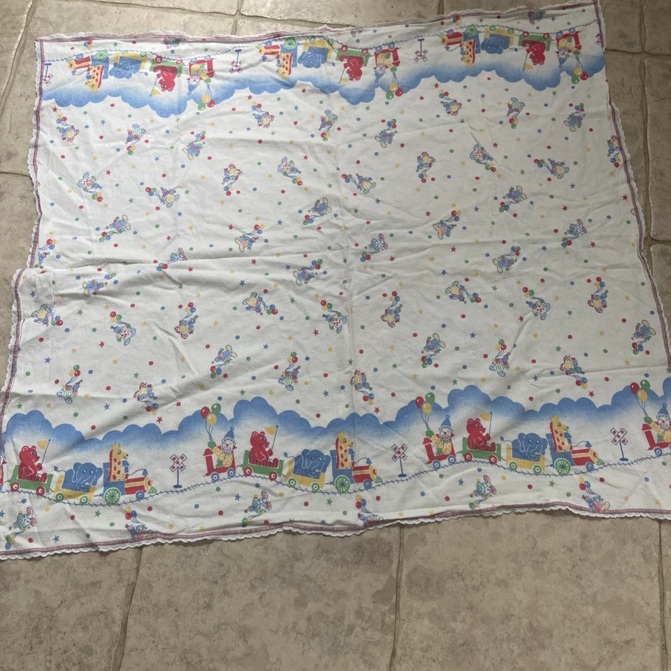 Manta de franela de colección de la década de 1990 para cuna payasos osos jirafas tren Foto 2 de 4