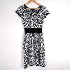 Just Taylor Black White Sweater Dress; Animal Print Short Sleeve Fit & Flare