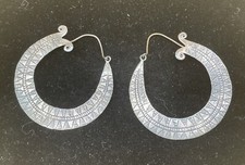 Vintage Fine Silver Hoop Earrings with Tribal Designs Large 2  X 2.5  