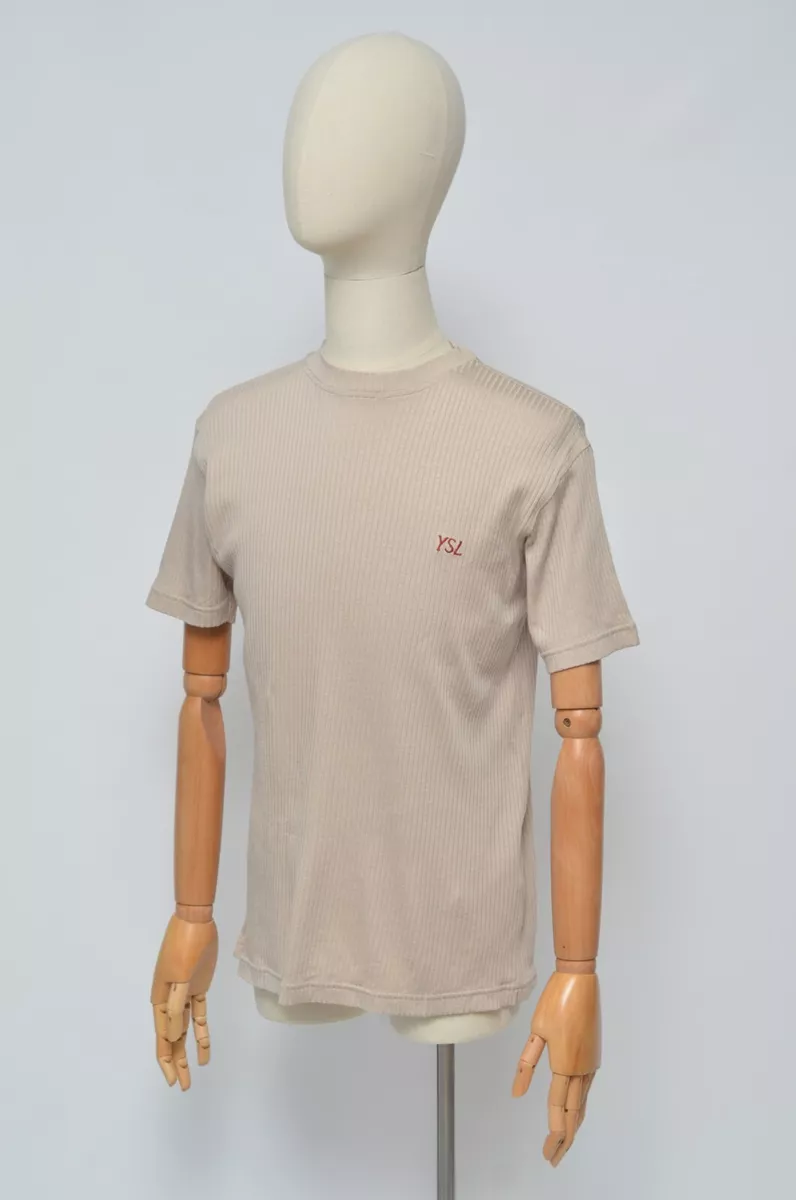 Yves Saint Laurent YSL Vintage Men s Beige Rayon Ribbed Tee Shirt Size S