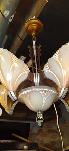 1930s Art Deco Iridescent Batwing 6 Light/7 Bulb Chandelier Light Fixture Metal - Picture 4 of 11