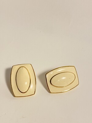 Vintage Estate Monet Gold Tone Cream Off White Enamel Square Clip stud Earrings