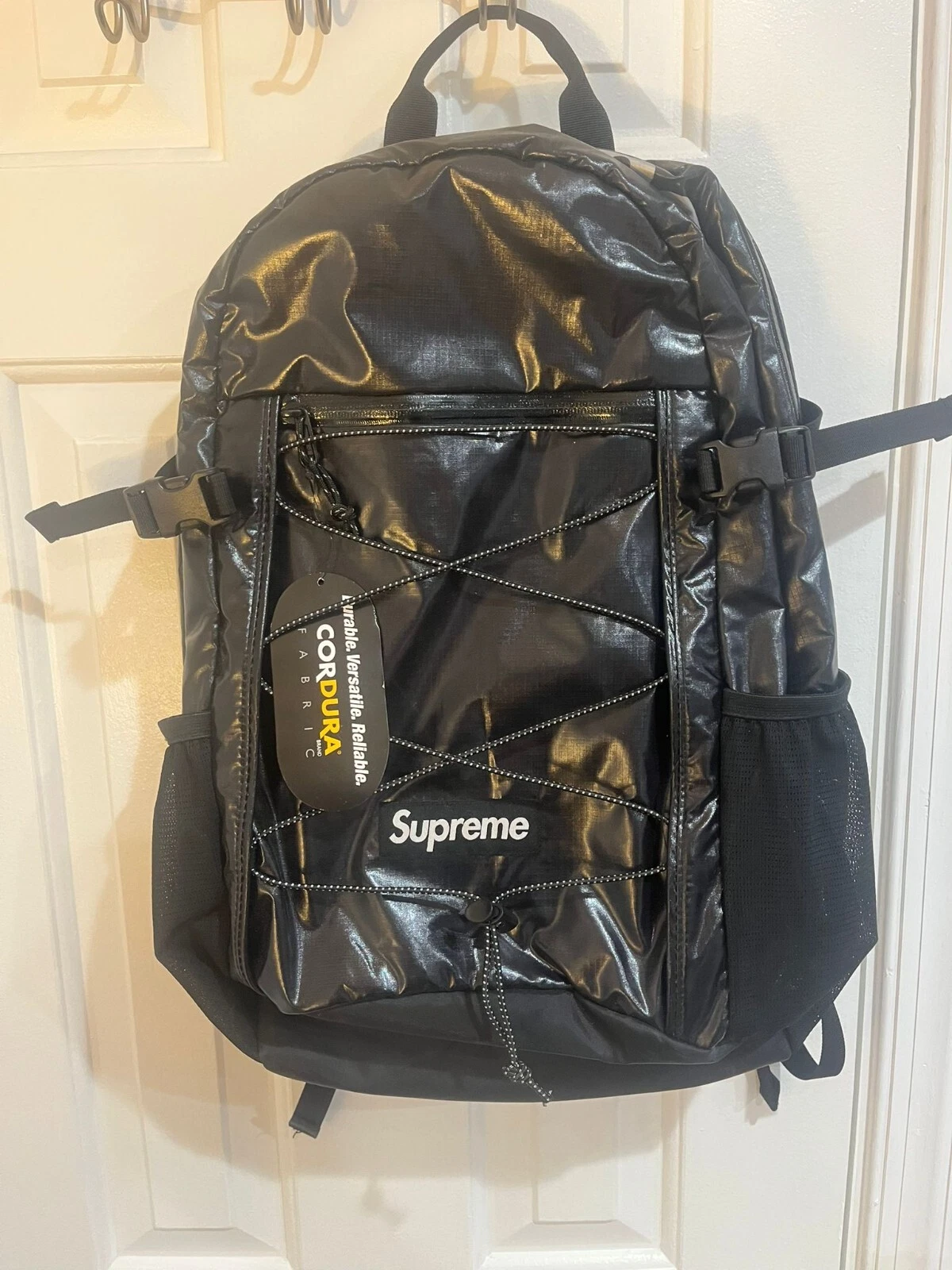 Sac à dos FW17 Supreme noir Cordura boîte tissu logo texte réfléchissant neuf avec étiquettes