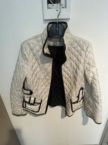 Anne Taylor Ivory with Black trim Zip Front Quilted Jacket Size M