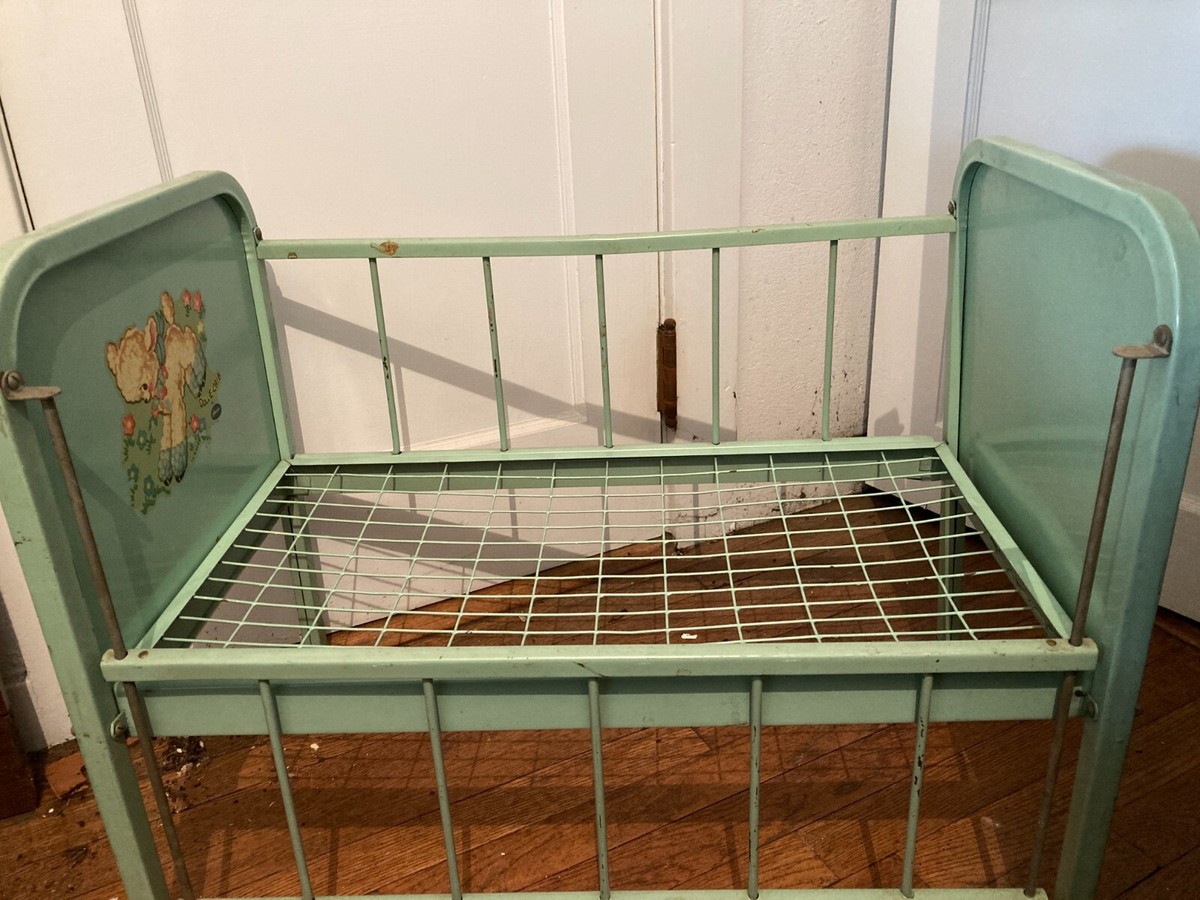 Doll E Crib by Amsco light blue 1950's with mattress
