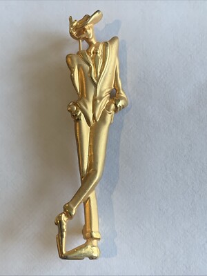 VTG Brushed Gold Tone Man In Suit And Hat Smoking Brooch