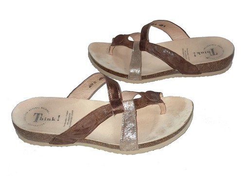 Think! Leather Sandals, Thong/Strappy Style Slip-ons Bronze +Silver, Size 7 - Picture 5 of 8