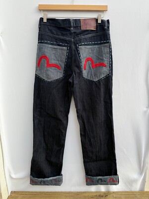 Vintage Rare Evisu Patch Red Swoosh Jeans Turn up Print Cuffs Y2K Navy Size 30