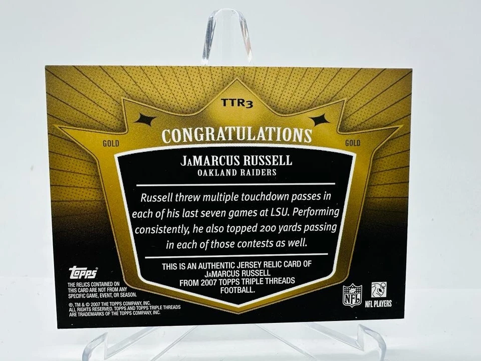 2007 TOPPS TRIPLE THREADS JAMARCUS RUSSELL GOLD /9 #TTR3 - Image 2 of 2