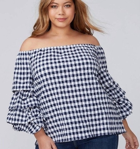 Top corto de guinga Lane Bryant a cuadros azul marino con volantes manga globo talla 26/28 - Imagen 3 de 7