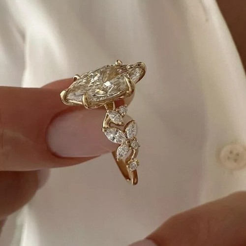 2Ct Marquise Cut Lab Created Diamond Halo Engagement Ring 14k Yellow Gold Plated - Picture 3 of 5